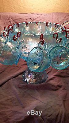 Vtg Westmoreland Ice Blue Glass 3 Fruit PunchBowl withBase Ladle, Hooks, 12 Cups