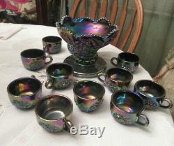 Vtg westmoreland Amethyst carnival Glass Punch Bowl & 11 Cups