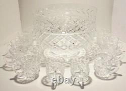 WATERFORD CRYSTAL GLANDORE PUNCH BOWL with 10 WATERFORD PUNCH CUPS IRELAND