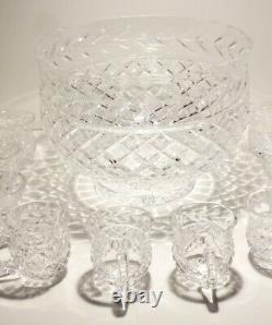 WATERFORD CRYSTAL GLANDORE PUNCH BOWL with 10 WATERFORD PUNCH CUPS IRELAND