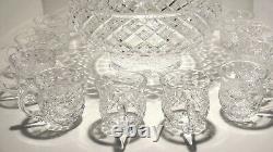 WATERFORD CRYSTAL GLANDORE PUNCH BOWL with 10 WATERFORD PUNCH CUPS IRELAND