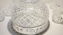 WATERFORD CRYSTAL GLANDORE PUNCH BOWL with 10 WATERFORD PUNCH CUPS IRELAND