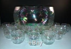 WEST VIRGINIA Glass Iridescent Luster Loop Optic Punch Bowl & 11 Punch Cups