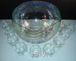 WEST VIRGINIA Glass Iridescent Luster Loop Optic Punch Bowl & 11 Punch Cups