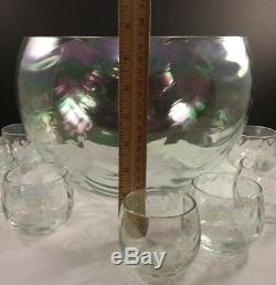 WEST VIRGINIA Glass Iridescent Luster Loop Optic Punch Bowl & 11 Punch Cups