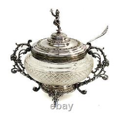 WMF Silverplate and Cut Glass Footed Punch Bowl and Ladle, Foliate Scrolls