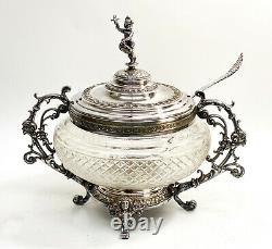 WMF Silverplate and Cut Glass Footed Punch Bowl and Ladle, Foliate Scrolls