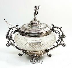 WMF Silverplate and Cut Glass Footed Punch Bowl and Ladle, Foliate Scrolls