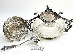 WMF Silverplate and Cut Glass Footed Punch Bowl and Ladle, Foliate Scrolls