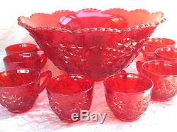 WRIGHT GLASS L. G. 9pc RED PUNCH BOWL SET, DAISY & BUTTON PATTERN, EAPG