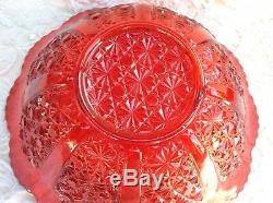 WRIGHT GLASS L. G. 9pc RED PUNCH BOWL SET, DAISY & BUTTON PATTERN, EAPG