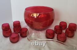 West Virginia Glass Deep Rose Loop Optic Punch Bowl with 12 Glasses & Ladle