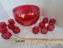 West Virginia Glass Deep Rose Loop Optic Punch Bowl with 12 Glasses & Ladle