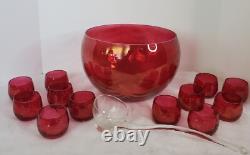 West Virginia Glass Deep Rose Loop Optic Punch Bowl with 12 Glasses & Ladle