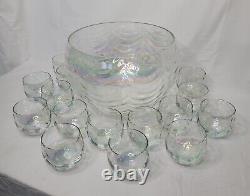 West Virginia Glass Iridescent Drape Loop Optic Punch Bowl Set 21 Glasses Ladle