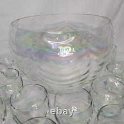 West Virginia Glass Iridescent Drape Loop Optic Punch Bowl Set 21 Glasses Ladle