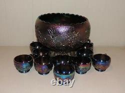 Westmoreland Amethyst Carnival Three Fruits Punchbowl, Brass Stand, 12 Cups