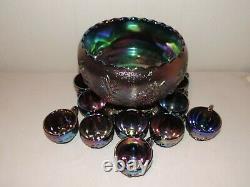 Westmoreland Amethyst Carnival Three Fruits Punchbowl, Brass Stand, 12 Cups