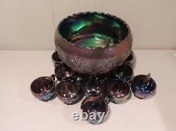 Westmoreland Amethyst Carnival Three Fruits Punchbowl, Brass Stand, 12 Cups