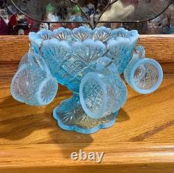 Westmoreland File and Fan Blue Opalescent Mini Punch Bowl Set 6 Mugs Glows