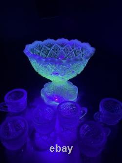 Westmoreland File and Fan Blue Opalescent Mini Punch Bowl Set 6 Mugs Glows