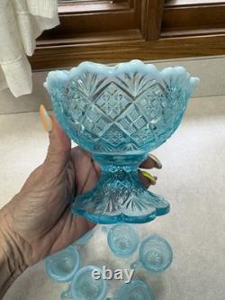 Westmoreland File and Fan Blue Opalescent Mini Punch Bowl Set 6 Mugs Glows