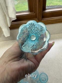 Westmoreland File and Fan Blue Opalescent Mini Punch Bowl Set 6 Mugs Glows