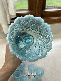 Westmoreland File and Fan Blue Opalescent Mini Punch Bowl Set 6 Mugs Glows