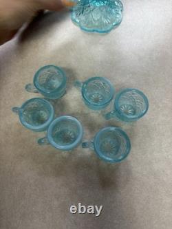 Westmoreland File and Fan Blue Opalescent Mini Punch Bowl Set 6 Mugs Glows