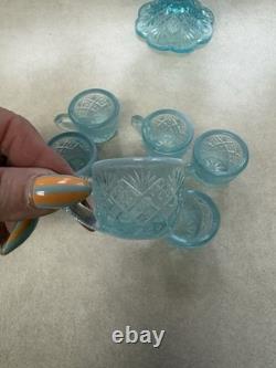 Westmoreland File and Fan Blue Opalescent Mini Punch Bowl Set 6 Mugs Glows