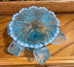 Westmoreland File and Fan Blue Opalescent Mini Punch Bowl Set 6 Mugs Glows