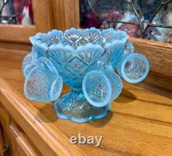 Westmoreland File and Fan Blue Opalescent Mini Punch Bowl Set 6 Mugs Glows