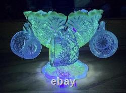 Westmoreland File and Fan Blue Opalescent Mini Punch Bowl Set 6 Mugs Glows