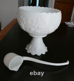 Westmoreland Fruits Milk Glass Cupped Punch Bowl Stand Ladle Grapes Pineapple