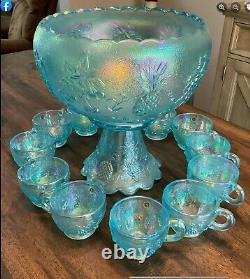 Westmoreland Ice Blue Carnival Glass Three Fruits Punch Bowl Set 100 SETS MADE