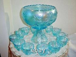 Westmoreland Ice Blue Carnival Three Fruits Punch Bowl, Stand and 12 Cups RARE