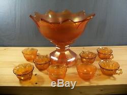 Westmoreland Marigold Carnival Orange Peel Punch Bowl Set with 8 Cups