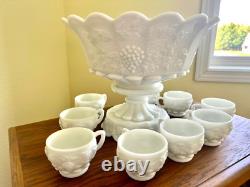 Westmoreland Milk Glass Grape Punch Bowl 12 Cups Hooks
