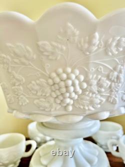 Westmoreland Milk Glass Grape Punch Bowl 12 Cups Hooks