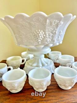 Westmoreland Milk Glass Grape Punch Bowl 12 Cups Hooks