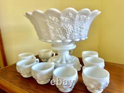 Westmoreland Milk Glass Grape Punch Bowl 12 Cups Hooks