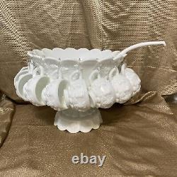 Westmoreland Milk Glass Grapes COMPLETE Punch Bowl Stand 12 Cups & Ladle