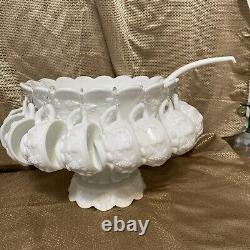 Westmoreland Milk Glass Grapes COMPLETE Punch Bowl Stand 12 Cups & Ladle