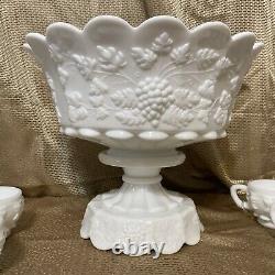 Westmoreland Milk Glass Grapes COMPLETE Punch Bowl Stand 12 Cups & Ladle