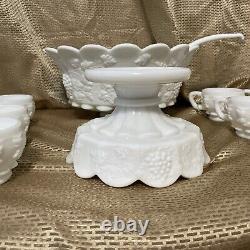 Westmoreland Milk Glass Grapes COMPLETE Punch Bowl Stand 12 Cups & Ladle