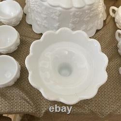 Westmoreland Milk Glass Grapes COMPLETE Punch Bowl Stand 12 Cups & Ladle