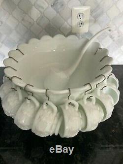 Westmoreland Milk Glass Paneled Grape Punch Bowl Set w12 Cups, Ladle withice lip