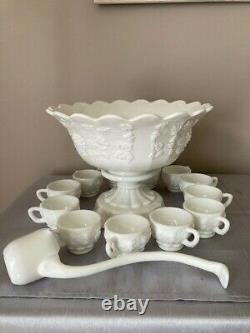 Westmoreland Milk Glass Paneled Grape Punch Bowl Set with 12 Cups and Ladle