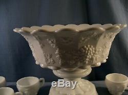 Westmoreland Milk Glass Paneled Grape Punch Bowl Set with Base 12 Cups Ladle Hooks