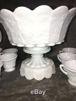 Westmoreland Milk Glass Paneled Grape Punch Bowl Set with Base & 17 Cups Nice